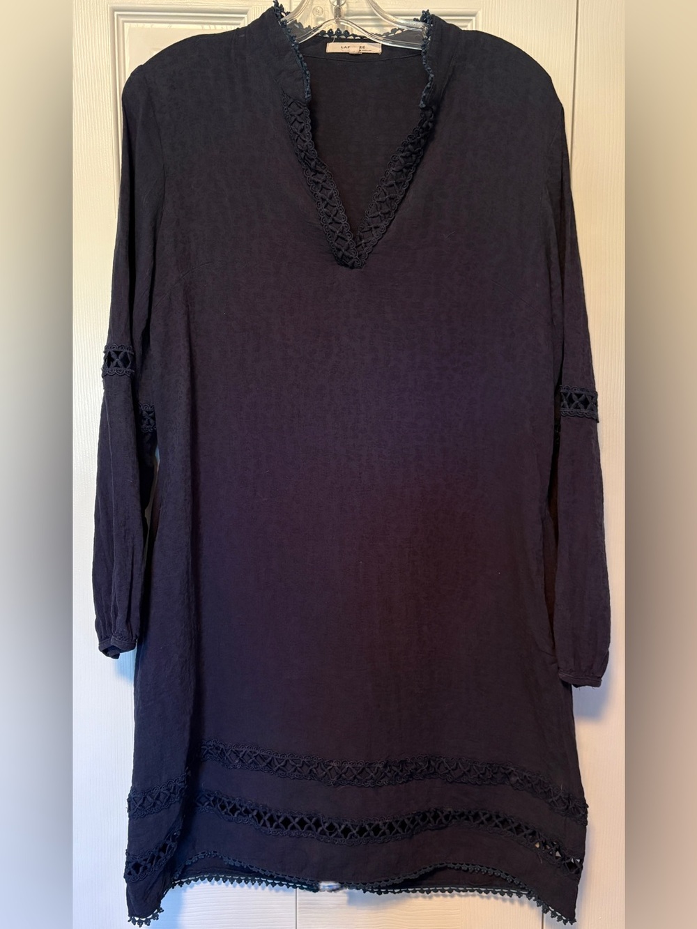 Laffaire Navy Blue Linen Cotton Crochet Peasant Tunic Dress Blouse Large L